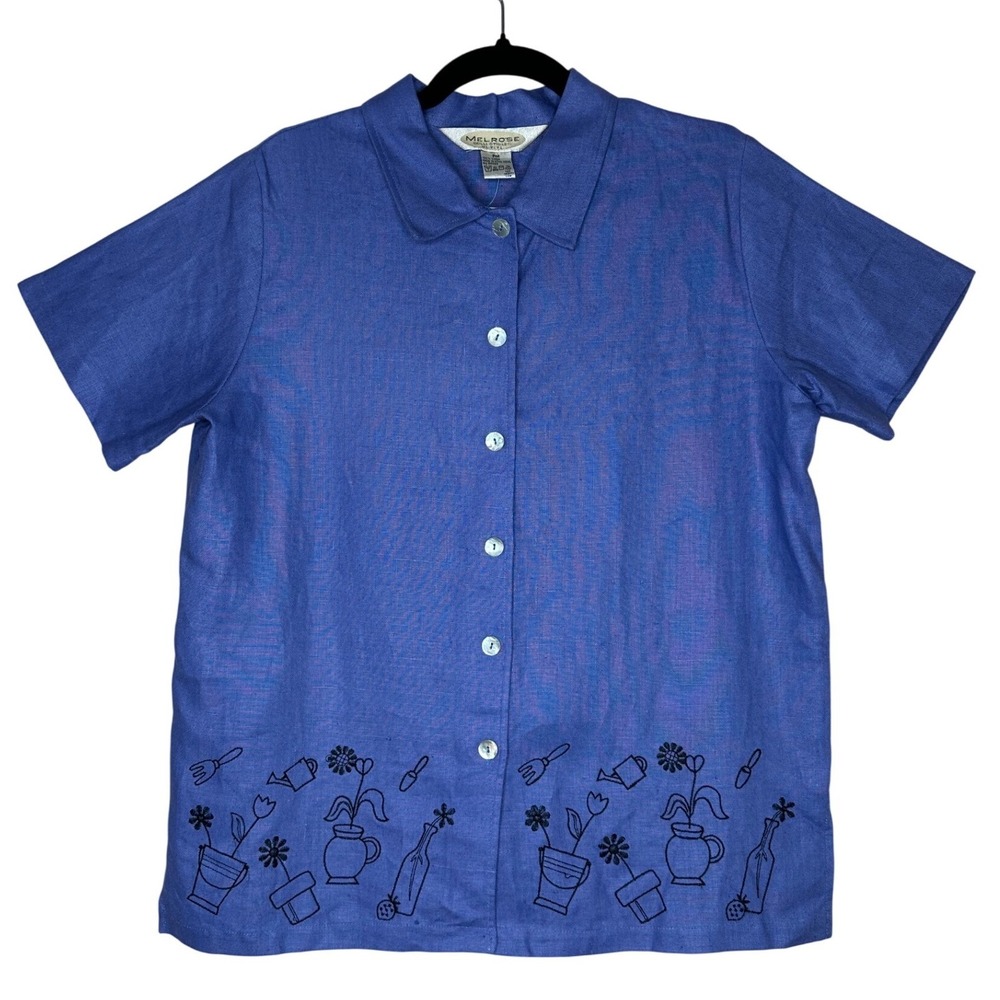 Melrose Collectibles Petite Blue 100% Linen Embroidered Garden Shirt PM NWT